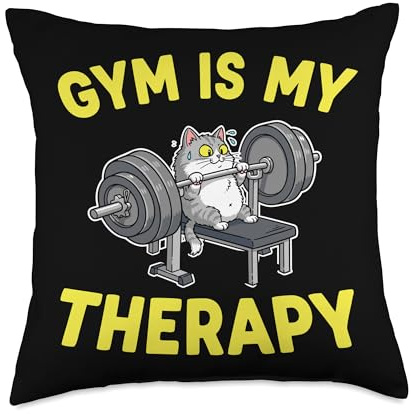 Gym is My Therapy Funny Cat Press Weightlifting Throw Pillow