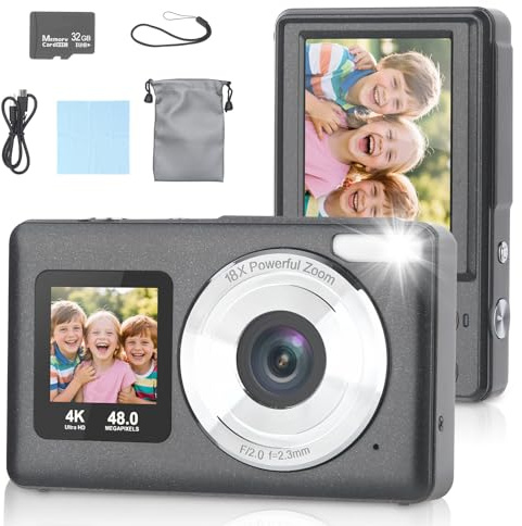 Bestrip Digital Camera 4K 48MP Dual Front & Rear Screens, 18X Zoom Autofocus Digital Camera for Children, Christmas Birthday Gift for Kids Teens Adults (Black)