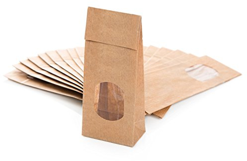 Braune Blockbodenbeutel, 100 Stück: Papiertüten mit Sichtfenster, Tüten Klein, Teetüten Braun, Geschenktüte für Süßigkeiten & Gewürze, Kraftpapiertüten, Papierbeutel mit Folieneinlage, 7 x 4 x 20,5 cm