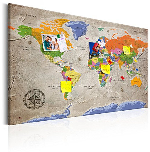 Pinnwand B&D XXL - Weltkarte Pinnwand & Leinwandbild 120x80 cm 1 Teilig Kunstdruck modern Wandbilder XXL Wanddekoration Design Wand Bild - Landkarte Karte Reise Geographie