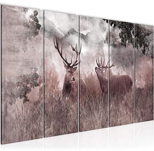 Runa Art Bild Hirsch Natur Wandbilder auf Vlies Leinwand 5 Teilig Wanddekoration Wohnzimmer Schlafzimmer 011456b