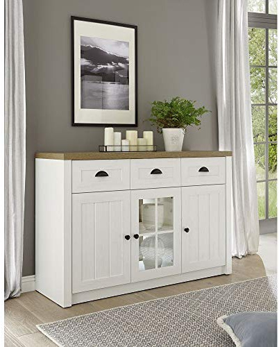 Landhaus Anrichte / Sideboard in Pinie weiß und Eiche hell, Breite: 130 cm