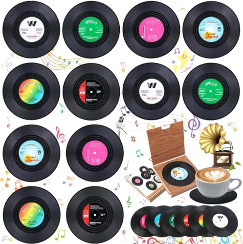 12 Stück CD-Untersetzer, Retro-Untersetzer, Vinyl-Untersetzer für Getränke | rutschfeste Untersetzer aus Vinyl, Retro, rutschfest, Bier, Bar