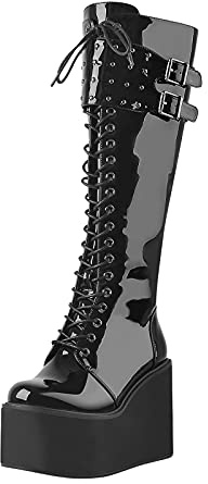 MissHeel Damen Absatzstiefel mit Keilabsatz Langschaft Stiefel Keilstiefel Plateau mit Schnüren Gothische Stiefel Schwarz EU 39