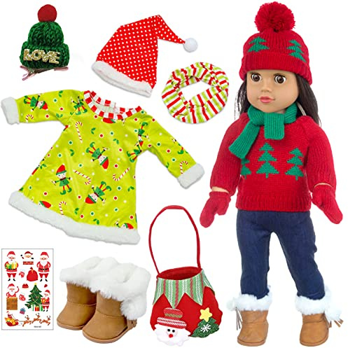 UNICORN ELEMENT 2 Sets Christmas Doll Clothes and Accessories Fit 18 Inch Girl Doll Christmas Santa Costume Including Christmas Dress, Sweater, Hairpin, Hat, Scarf, Boots, etc