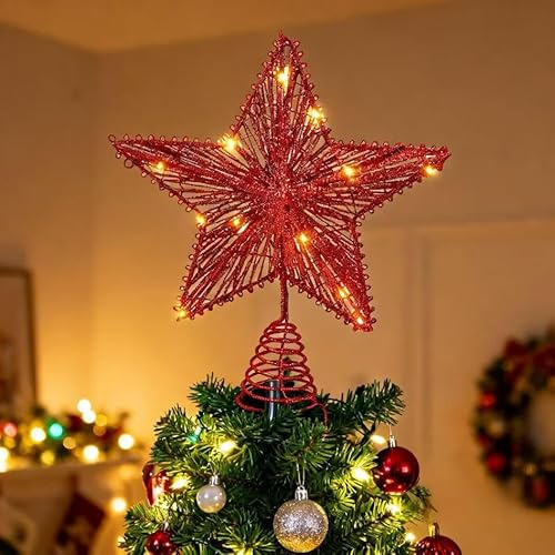 SOIMISS Weihnachtsbaumspitze Baumdeko rot Christbaumspitze Stern mit LED Beleuchtet Stern Glitzernder Weihnachtsstern Tannenbaum Topper Weihnachtsdeko für Innen Xmas Hochzeit Party Deko