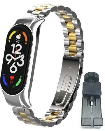 nuosiweilang Kompatibel Für Xiaomi Mi Band 7 Armband,Sport Edelstahl Metall Uhrenarmband Armband Ersatzarmband Für Mi Band 7 Männer und Frauen,Silber Gold