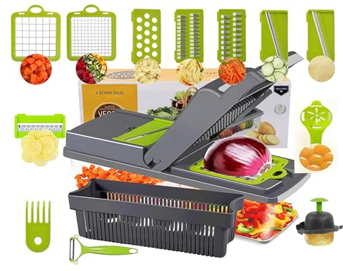 16-in-1 Vegetable Chopper with 7 Stainless Steel Blades, Mandoline Slicer & Accessories (Egg Separator, Peeler, Container) - Food-Grade Safe Multi-Function Food for Kitchen, Fruit & Veg Prep