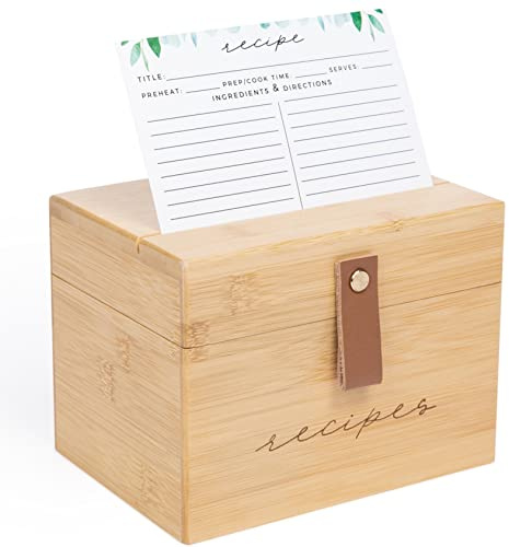 Pera Blanca Rezeptbox mit Karten und Trennwänden | Rezeptkartenbox Kunstledergriff | 50 Eukalyptus gemusterte Rezeptkarten und Box-Set | Rezeptbox aus Holz | Einweihungsgeschenk | Rezeptbox 10,2 x