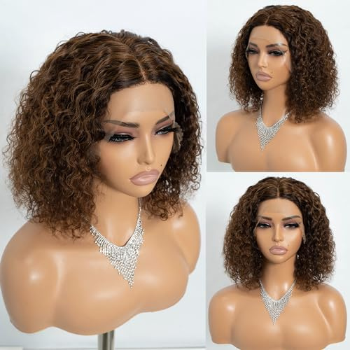 Joedir Kinky Curly Bob Perücke 100% Echthaar Lace Front Perücken für Frauen Jerry Curl Echthaar Perücke Pre Plucked Haaransatz mit Babyhaar (Mixed Honey Blonde)