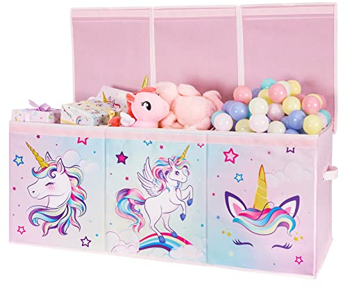 WERNNSAI Large Toy Box - Unicorn Toy Storage Organizer with Flip-Top Lid Collapsible Sturdy Pink Toy Chest with Handles 96 x 32 x 40 cm for Kids Girls Closet Nursery Living Room Bedroom Playroom