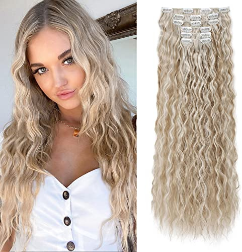 FLUFYMOOZ Clip in Extensions, 60cm 6PCS Lange gewellt Wellige Clip in Haarverlängerungen Dickes Natürliches Weiches Synthetisches Haarteil Für Frauen Mädchen Blond mit weißblonden Highlights