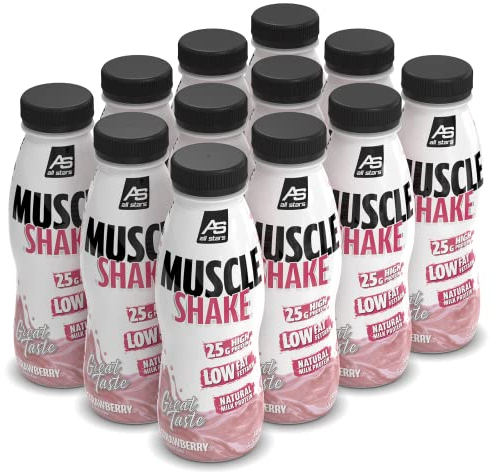 All Stars Muscle Shake Erdbeer 12er Pack I 12 x 330ml Eiweiß-Shake mit 25g Proteinen I Protein-Drink mit Milcheiweiß & Magermilch I Protein-Shake flüssig & verzehrfertig I Eiweiß-Getränk fettarm