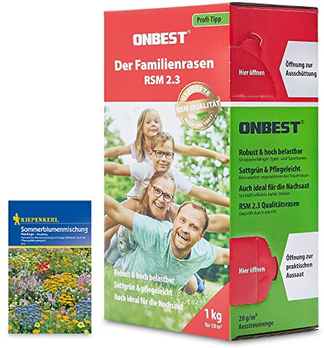 ONBEST Qualitäts Rasensamen RSM 2.3 für die ganze Familie – 1kg Sport und Spielrasen – strapazierfähig, sattgrün & pflegeleichter Rasen/Gras – Samen ideal für Neuansaat und Nachsaat – Mit Blumensamen