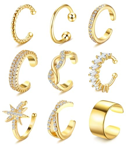 Dochais 9Pcs Ear Cuff 14K Gold Plated Cuff Earrings Gold Ear Cuffs Non Pierced Ear Clips Cartilage Earring Fake Earrings Gold