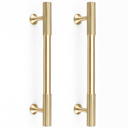 RZDEAL 4pcs Solid Brass Gold Cabinet Pulls, 5-Inch Hole Centers for Kitchen Cupboard Handles Modern Drawer Pulls Bathroom Brushed Brass Cabinet Pulls Wardrobe Door Handles