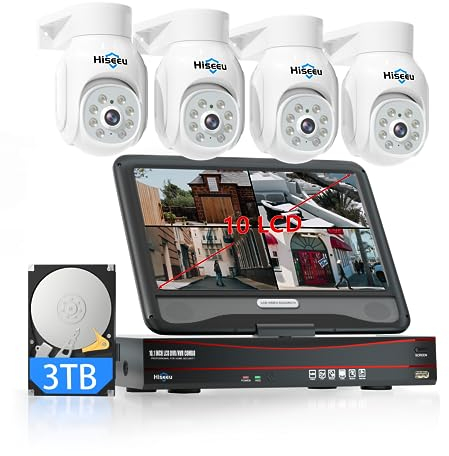 Hiseeu【5MP+PTZ】5MP 8CH NVR POE CCTV Security Camera System with 30M Color Night Vision, 10 Monitor with 3TB HDD, 4X5MP Outdoor POE IP Cameras, Motion Detection,APP Alarm,24/7 Recording,Remote Access