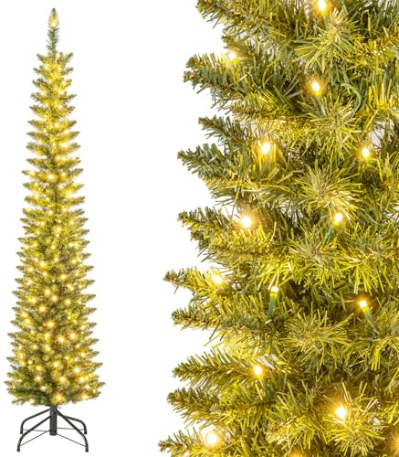 COSTWAY Albero di Natale Slim da 150/180/210 CM, Albero di Natale Artificiale con 150/180/200 Luci LED Bianche Calde, 296/390/499 Punte di Ramo e Supporto Pieghevole in Metallo (180 cm)