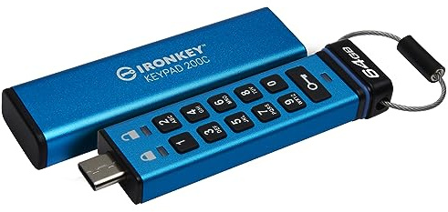 Kingston IronKey Keypad 200C 64GB Verschlüsselter USB | Alphanumerische Tastatur | Multi-Pin-Zugang | XTS-AES 256-bit | FIPS 140-3 Level 3 Zertifiziert (Ausstehend) | IKKP200C/64GB, Blau