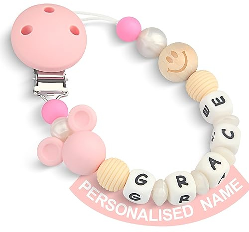 Yolnkos Schnullerkette mit Namen Jungen Mädchen Personalisiert Schnullerclip Maus(Rosa)