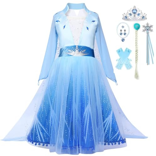 Snyemio Vestito da Elsa per Bambina Ragazza Costume Abito Principessa Carnevale Cosplay con Capo, Blu con Accessori, 5-6 Anni(Etichetta 130)