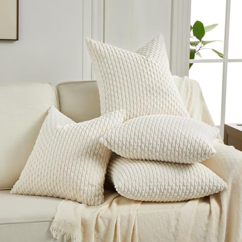 FDTERN 4er Set Boho Kordsamt Kissenbezug 45x45CM Creme Flauschig Kissenbezüge Kissenhülle Dekokissenbezug Sofakissen Dekokissen Deko für Sofa Schlafzimmer Wohnzimmer