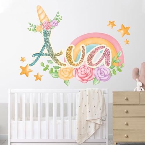 AdesiivoStudio Wandtattoo mit Einhorn-Namen, personalisierbar für Mädchenzimmer, personalisierbar (Einhornhorn mit Blumen), Rosa