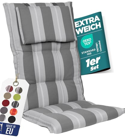 gardisun Gartenstuhlauflagen Hochlehner mit Kopfteil, 1er Set, Anthrazit | Extra Dicke Sitzauflagen, Made in EU, Polsterauflagen für Hochlehner, Auflagen mit extra hoher Lichtechtheit