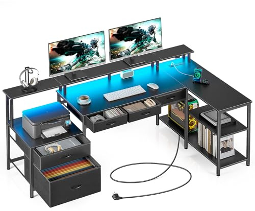 Seventable Mesa de Escritorio en Forma L, Mesa para Ordenador con Tomacorriente, Luz LED y Soporte para Monitor, Escritorio Gaming Reversible con Cajones, Dormitorio, Oficina y Salón