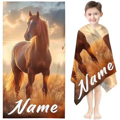 KIDSLOVE Personalisiert Pferd Strandtuch Groß 100x200cm Mikrofaser Bedrucktes Mit Pferd Motiv Handtuch Pferd Kinder Badetuch Mit Namen Handtuch Pferd Personalisiert Badetuch (1,50 x 100 cm)