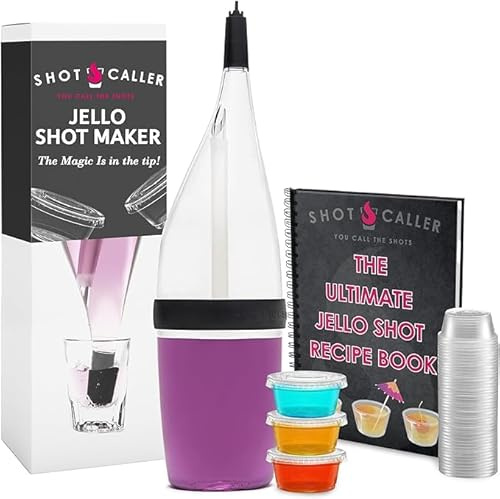 Ultimate Jello Shot Party Pack Kit - Shot Caller Dispenser with Patented Spring Tip + Exclusive Recipe Book + 100 Count 2 oz Cups with Lids | No-Mess Fast Filling for Parties & Halloween