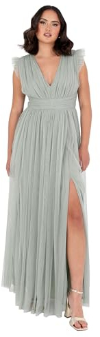 Anaya with Love Damen Women's Maxi Ladies V-Neck Short Sleeve Split Tulle A-line for Wedding Guest Bridesmaid Evening Occasion Ball Gown Dress, Frosty Green, 50 EU