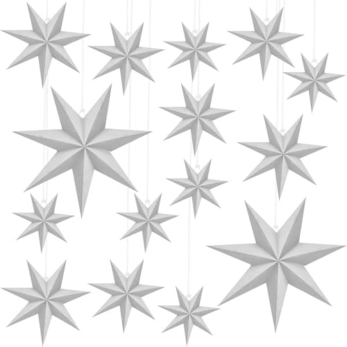 15 Pack 18 Inch/ 14 Inch/ 12 Inch/ 10 Inch Christmas 3D Paper Stars 7 Pointed White Hanging Paper Star Lanterns for Christmas Weddings Birthday Party Home Hanging Decor, 4 Size