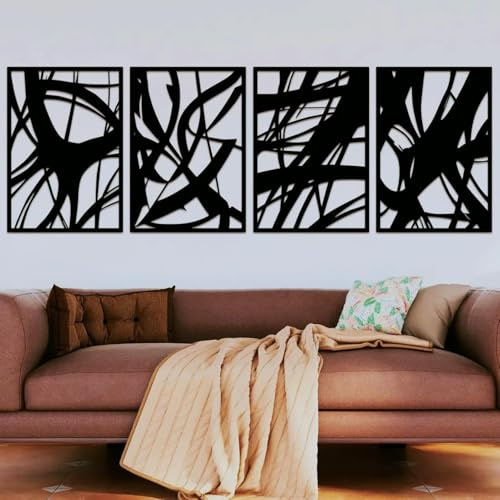 ruelen Wall Decor 4 Pack Metal Abstract Black Wall Art, Minimalist Single Line Art Wall Décor, 3D Sculptures Textured Metal Wall Sculptures Hanging for Home Living Room Bedroom Bathroom Office