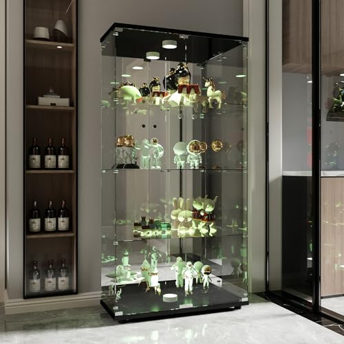 FOERPL Vetrina in vetro con luce e Retro Specchio, 4-livelli Vetrinetta Espositiva 80x36x164cm, Vetrina Armadio da collezione con serratura per statuette, casa e ufficio