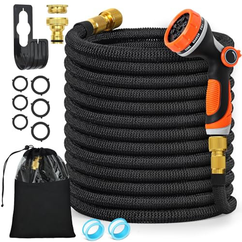 Chuner Flexibler Gartenschlauch 30 m mit 10-Funktionen Schlauchdüse, dehnbarer flexiSchlauch, Vollmessing Adapter 1/2' 3/4' Zoll, Wandhalterung Tasche, für den Außenbereich, Schwarz