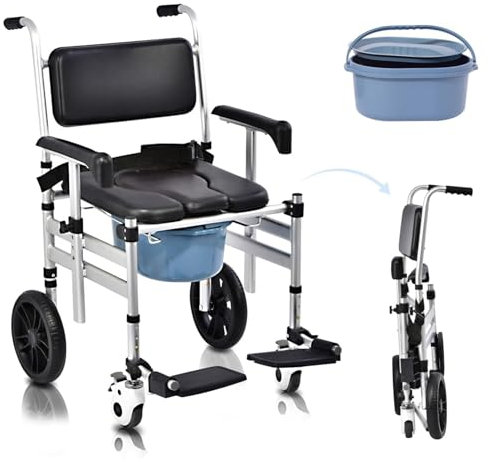 SAIYERUS Toilettenstuhl Faltbar Für Senioren, Fahrbarer Aluminium Toilettenstühle Mit Rollen & Toilette - Toilettenrollstuhl Duschstuhl Klappbar Für Patienten Senioren Behinderte Und Schwangere