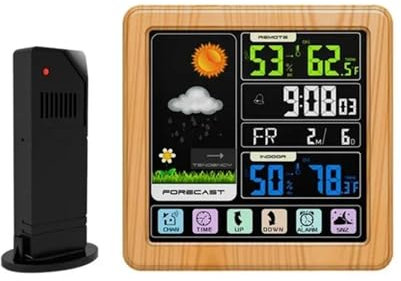 Termómetro meteorológico, estación meteorológica inalámbrica de madera, reloj despertador, termómetro digital, sensor inalámbrico de temperatura y humedad, reloj de escritorio para el hogar (2 1)