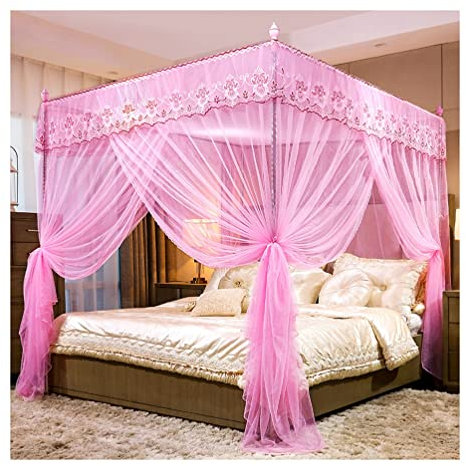 RDWQDGJG Bettvorhang mit 4 Eckpfosten, Betthimmel, Prinzessinnenzimmer, Schlafzimmerdekor, romantischer Bettvorhang mit Spitze und Ständer (Farbe: Rosa, Größe: 180 x 220 cm)