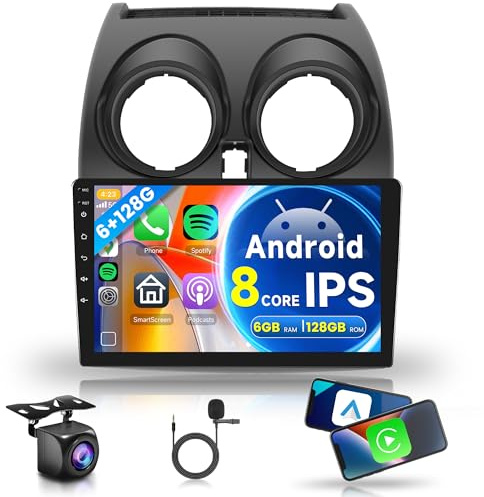 6G+128G 8 Core Inalámbrico Carplay Android Radio Coche para Nissan Qashqai J10 2006-2016 9 Pulgadas Radio Coche con Android Auto GPS Navi WiFi Mirror Link Bluetooth FM/RDS/DSP/USB/SWC Cámara Trasera