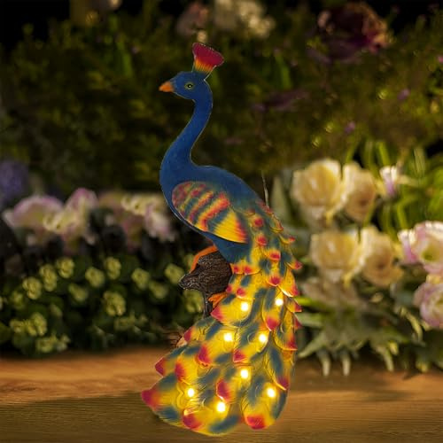 Tuzsocr Pfau Solarlampen für Außen, Solar Pfau Gartenstatuen, Pfau Figuren mit 8 LED Solarleuchten, Wetterfest Pfau Skulptur Gartendeko für Rasen, Hof, Terrasse, Yard, Balkon, Fensterbank, Wege, 33 cm