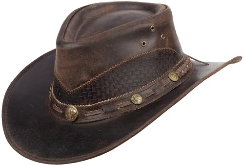 SCIPPIS Lyndon Lederhut Herren Damen – Westernhut aus Rindsleder mit Concho-Hutband – Gesteppte Krone & Kinnriemen-Ösen – Cowboyhut Vintage Look – Outdoor & Festival
