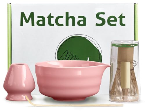 KCVV Matcha Set Komplett mit Matchabesen, Matcha Löffel und Matcha Schale aus Keramik Mit Besenhalter im Passenden Design, Kunstvoll Gefertigte Teeschale, Geschenke für Matcha-Liebhaber (Rosa)