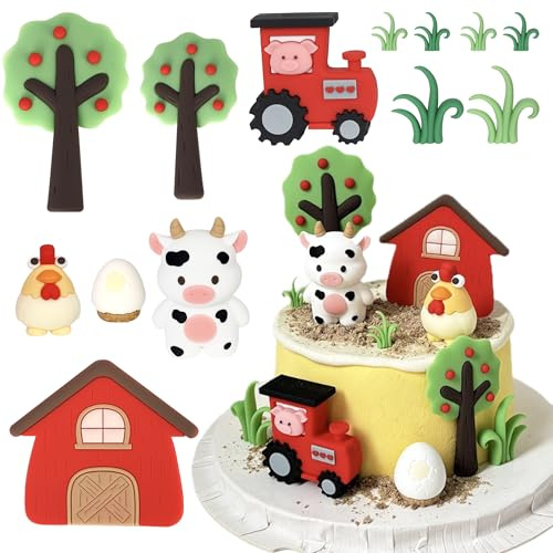 Xsstarmi Farm Cake Topper Decoration Set with Egg Chicken Cow Farm Animal Theme Cake Decoration for Baby Shower Kids Birthday Party Cake Decorations Supplies