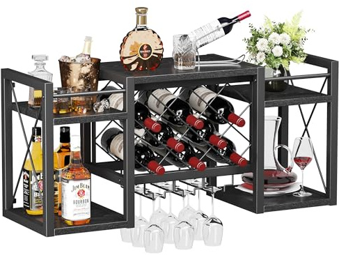 Wall Mounted Wine Rack with Glass Holder, Wood-Metal Retro Bar Shelf, Wine Bottles Display Wall Storage for Kitchen Dining Room Home Bar, Black