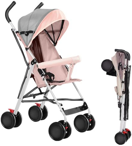 Kinderwagen, Buggy ab Geburt bis 8 kg, Kompakt und Wendig, Faltbarer Regenschirm, Zwillingsbremsen und Schwenkbare Vorderräder (Rosa)