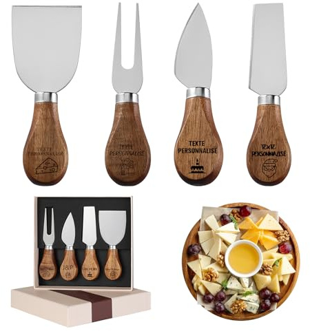 4/6 Couteaux à Fromage Personnalisés Gravure sur Bois d'Acacia Texte/Logo, Couteau Beurre Tartineur & Fourchette Cadeau Fête des Geeignet als Geschenk für Partys Hochzeiten (Couteau à fromage - 4)