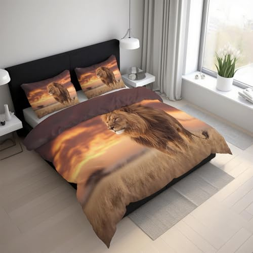 Generisch Löwe Bettwäsche 135x200cm, Afrika Wild Tier Bettwäsche-Sets 2 Teilig, Bettbezug + 1 Kissenbezüge 80x80cm Weich Mikrofaser mit Reißverschluss 21D&-53
