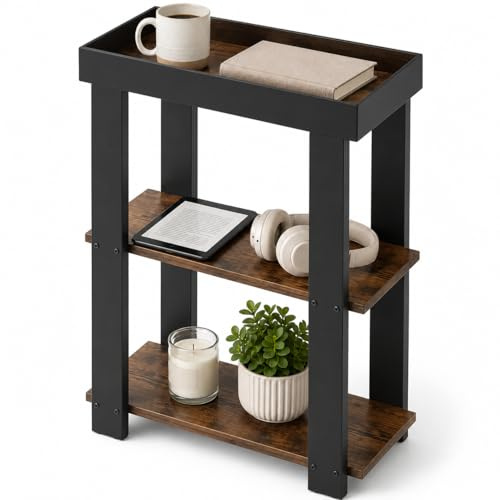ZEXVIDA 3-Tier Narrow Side Table with Tray Top,Slim Side Table,Rustic Brown | Rustic Farmhouse Narrow End Table with Storage, Modern Slim Table Nightstand for Small Spaces, Bedroom or Living Room