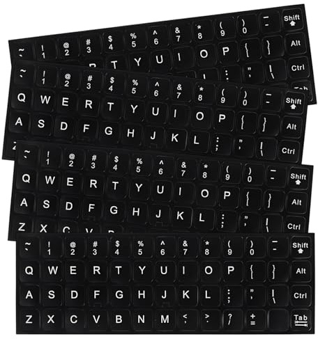Universal English Keyboard Stickers, 4-Pack Matte Black with White Letters for Laptop & Desktop Key Replacement